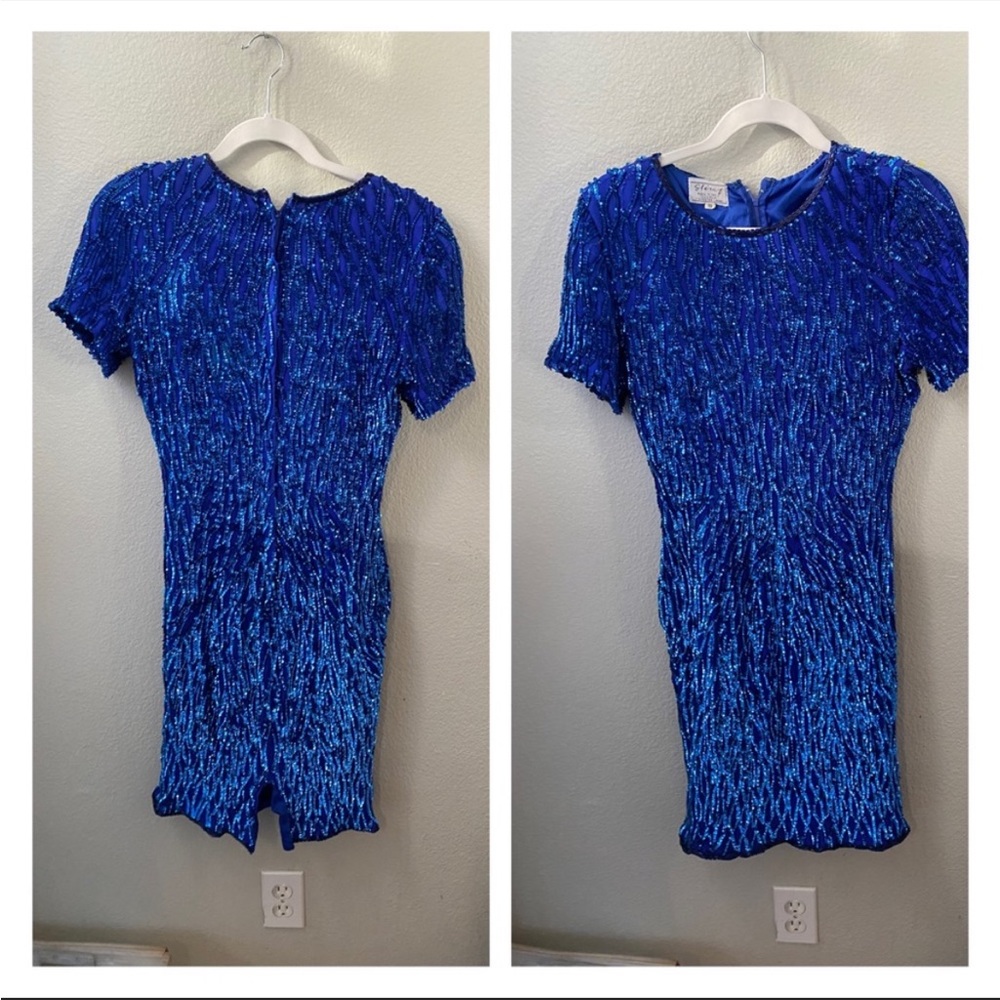 Vintage 1980s STENAY Blue Sequined Beaded Cocktail Party Evening Gown Size 10